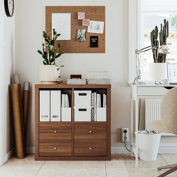 KALLAX Shelving unit, with 4 drawers/brown walnut effect, 77x77 cm