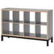 KALLAX grey shelf, rectangular, wooden & metal, 3x3 grid, minimalist design.