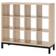 An ikea KALLAX light brown cubed shelf, featuring a metal base, providing a modern and organized storage solution.