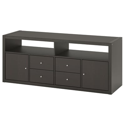 A KALLAX dark grey tv stand with open and closed compartments.