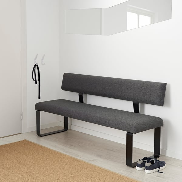 Modern bench with cushioned seat & back, ideal for hallways or living rooms, black metal legs.