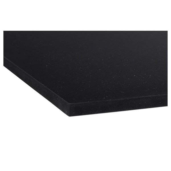 Black quartz worktop with smooth, scratch-resistant surface, seamless design, showcasing high-quality craftsmanship.