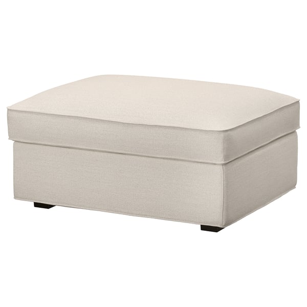 KIVIK beige footstool, light fabric, square shape, soft cushion.