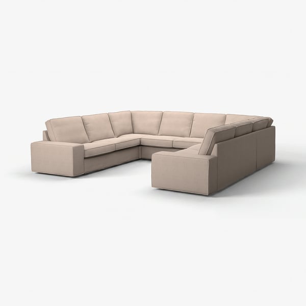 Large beige u-shaped sectional sofa with low armrests, pocket springs, and soft cushions for comfort and relaxation. Modern minimalist design.