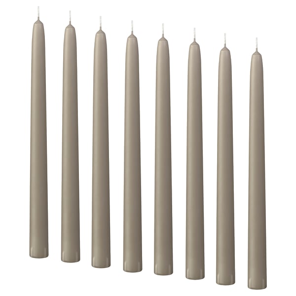 KLOKHET Unscented taper candle, grey-beige, 25 cm 6 hr