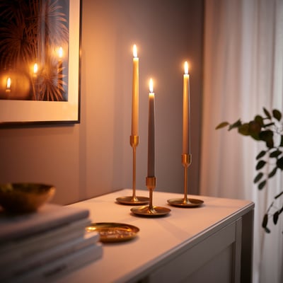 KLOKHET Unscented taper candle, grey-beige, 25 cm 6 hr