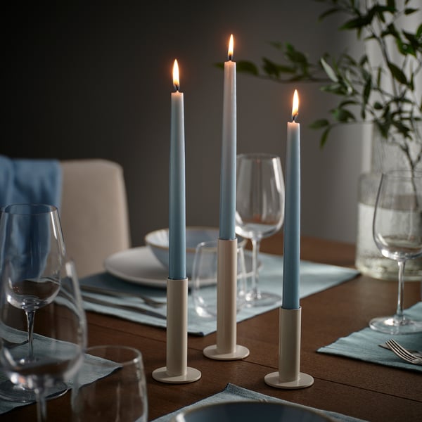 KLOKHET Unscented taper candle, pale blue, 25 cm 6 hr