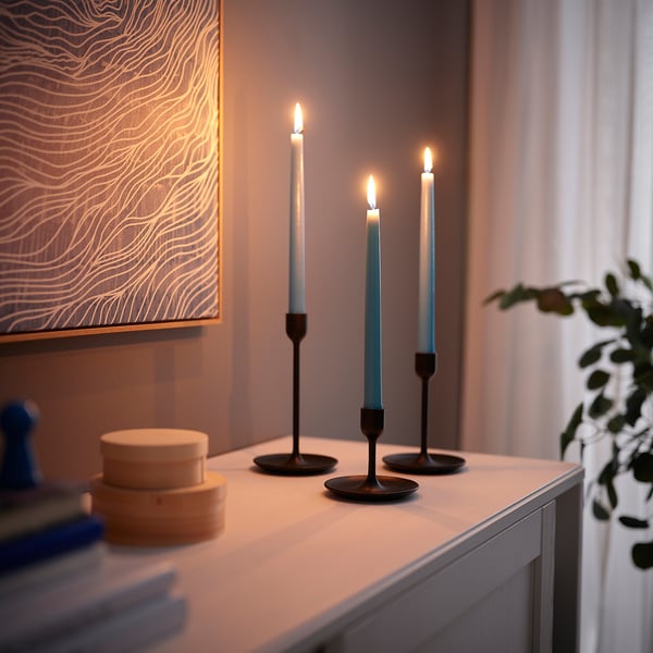 KLOKHET Unscented taper candle, pale blue, 25 cm 6 hr