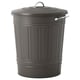A KNODD grey metal bin with vertical grooves. It has a lid with a handle and a hook for hanging.