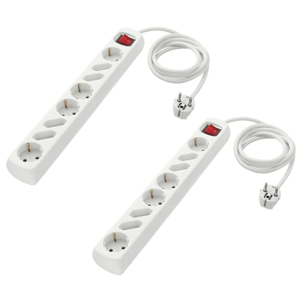 Two white KOPPLA power strips with 8 sockets, switches, and 1. 5m cables.