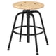 A KULLABERG stool with a light wood seat and black metal legs. Its adjustable and has an industrial design.