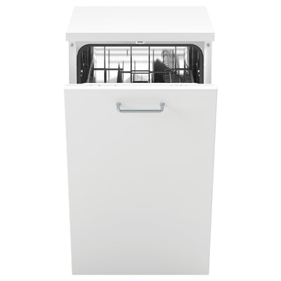 White dishwasher with open top door showing racks, silver handle, compact design.