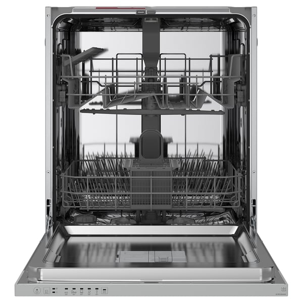 A stainless steel dishwasher with two racks and a control panel at the bottom.