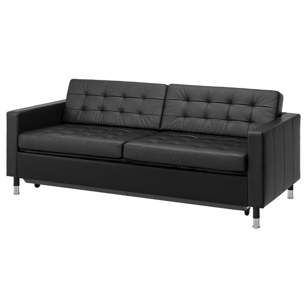 Black LANDSKRONA sofa with tufted leather, modern chrome legs, square cushions, and sleek design.
