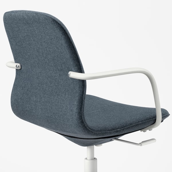 Modern office chair with dark blue fabric, adjustable armrests, and white base. Designed for comfort and support.