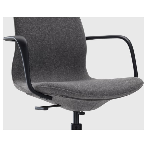 A grey office chair with a high back, armrests, and a lumbar support system visible from the side.