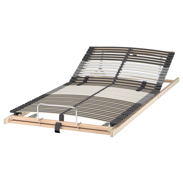 LEIRSUND slatted bed base in light brown wood, featuring adjustable slats and raised head/foot sections for comfort.