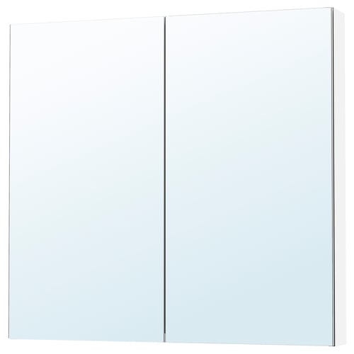 Wall-mounted mirror cabinet with mirrored doors, white and rectangular, efficient storage.