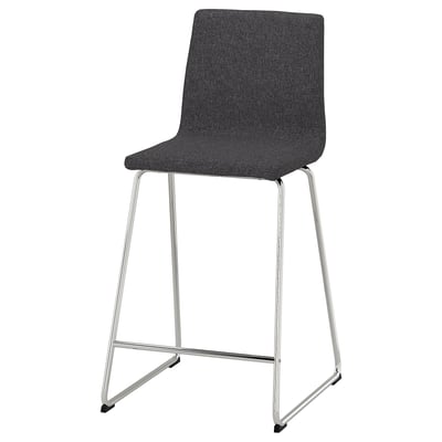 LILLÅNÄS grey bar stool, modern design, chrome legs, padded seat, high back, footrest.