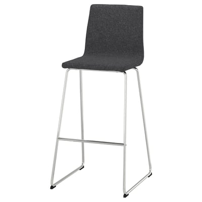 LILLÅNÄS bar stool, grey. Modern, padded seat with back support, chrome legs, footrest.