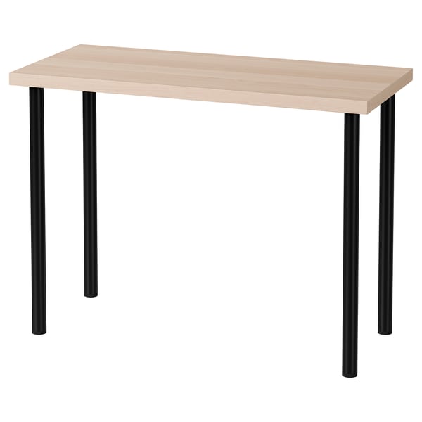 LINNMON desk: rectangular top, black metal legs, light wood, simple modern design.