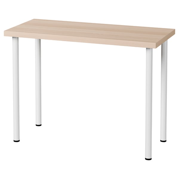 LINNMON: light wood desk with white legs. Rectangular, four-legged design. Performance-boosting minimalist setup.