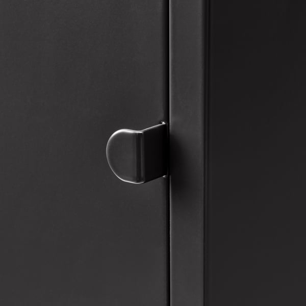 Modern black metal cabinet with sleek handle, showing high-quality finish and robust design.