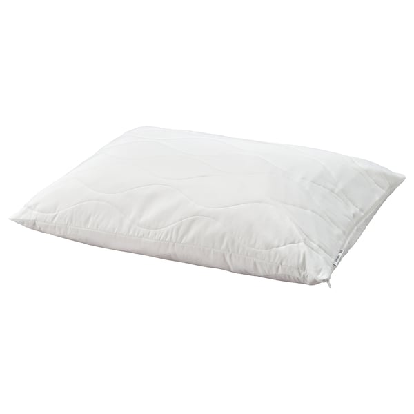 A white LÖKSTAMFLY pillow, rectangular, quilted with recycled polyester materials.