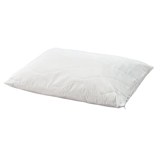 A white LÖKSTAMFLY pillow, rectangular, quilted with recycled polyester materials.
