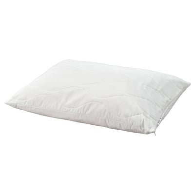 A white LÖKSTAMFLY pillow, rectangular, quilted with recycled polyester materials.
