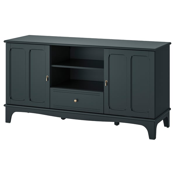 LOMMARP tv bench, dark green, wooden, rectangular, classic design, open & hidden storage, cable outlets.