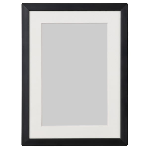 Black LOMVIKEN frame with white mat, rectangular, thin metal edge.