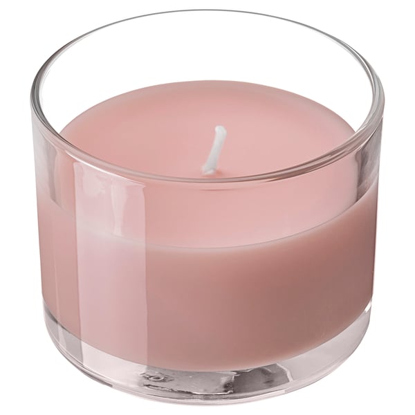 LOTSFÅGEL Scented candle in glass, Red berries light pink, 20 hr