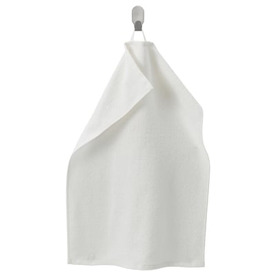 White LUDDVIAL cotton towel hangs neatly on hook, rectangular shape, plain design.