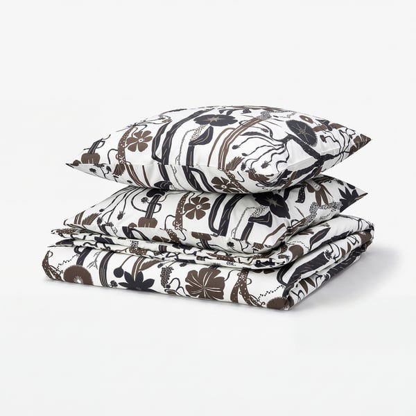 LUNDSKAFTING duvet set, black-white floral, crisp cotton/lyocell, rectangular, folded.