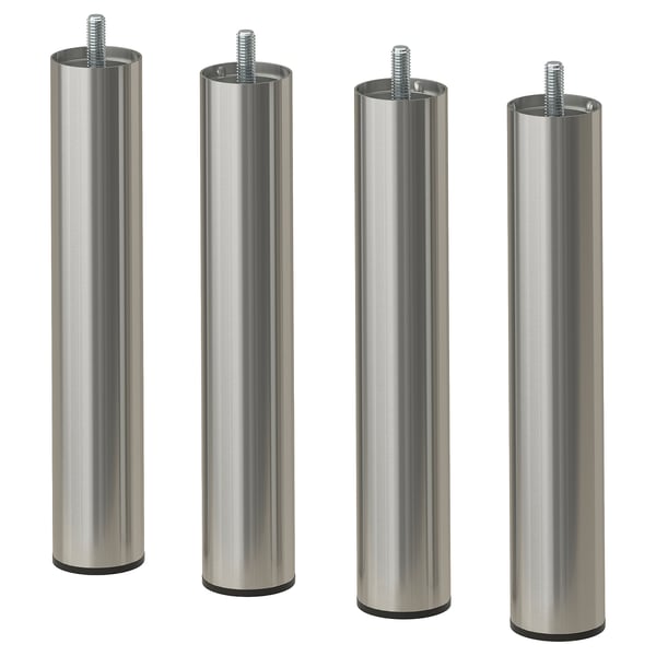 Four cylindrical metal legs with screws on top, silver in colour, arranged in a row.