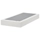 A white LYNGÖR flat-pack bed base with a removable, washable cover for easy cleaning. It flat slats for mattress support.