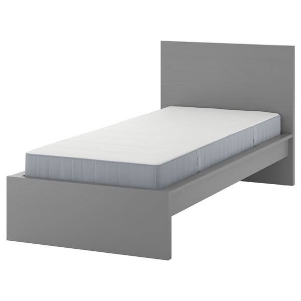 A grey MALM bed frame with a white mattress, simple design, high headboard, clean lines.