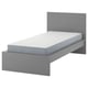 A grey MALM bed frame with a white mattress, simple design, high headboard, clean lines.