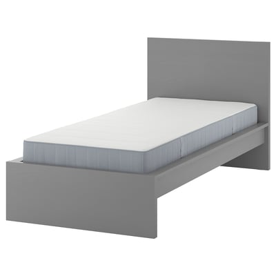 A grey MALM bed frame with a white mattress, simple design, high headboard, clean lines.