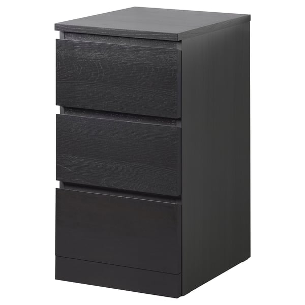 MALM black chest of drawers, sleek design, three drawers, smooth surfaces.