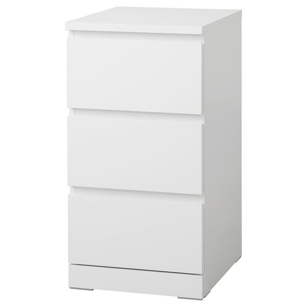 White ikea MALM 3-drawer chest, sleek & modern, smooth drawers, wall-mountable.
