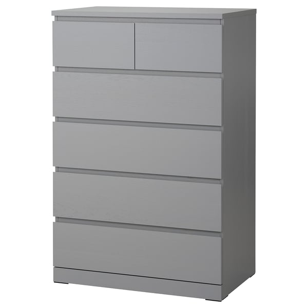 MALM chest in grey with six drawers; sleek, rectangular design for bedroom storage.