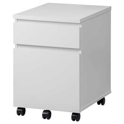 White MALM cabinet with drawers on castors, sleek and minimalist design for easy mobility and storage.
