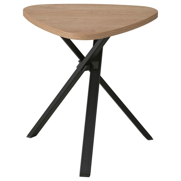 Wooden tabletop with black metal tripod, anti-fingerprint design, for small spaces.