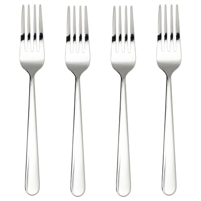 Four silver MARTORP stainless steel forks lined up neatly, polished and shining.