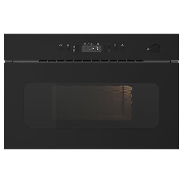 Modern black built-in microwave with control panel and digital display on top.