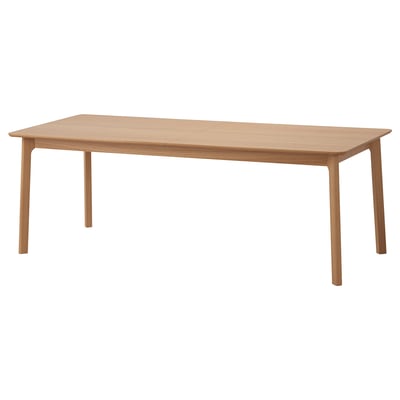 A rectangular light wooden dining table with clean lines and natural finish. It four splayed legs and can be extended to seat more people.
