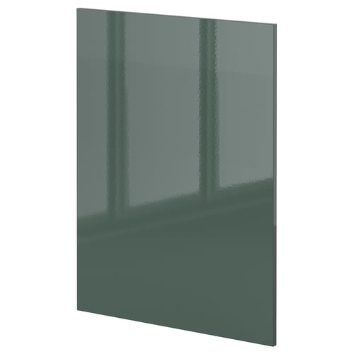 High-gloss grey-green modern kitchen cabinet door, sleek rectangular design, glossy plastic finish.