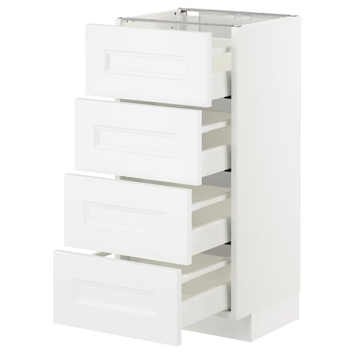 A white METOD kitchen cabinet with four drawers featuring sleek, modern design and smooth-running mechanisms.